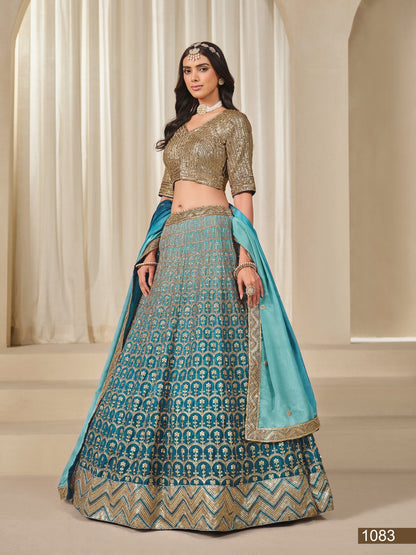 Anaita Turquoise Embroidered Heavy Chinon Silk Designer Lehenga With Blouse