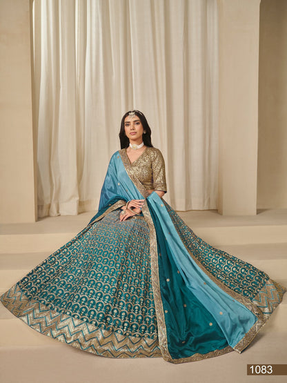 Anaita Turquoise Embroidered Heavy Chinon Silk Designer Lehenga With Blouse