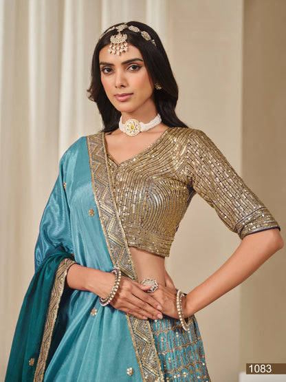 Anaita Turquoise Embroidered Heavy Chinon Silk Designer Lehenga With Blouse