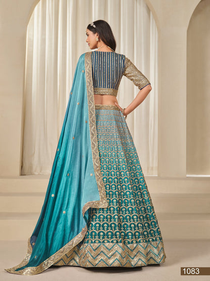 Anaita Turquoise Embroidered Heavy Chinon Silk Designer Lehenga With Blouse
