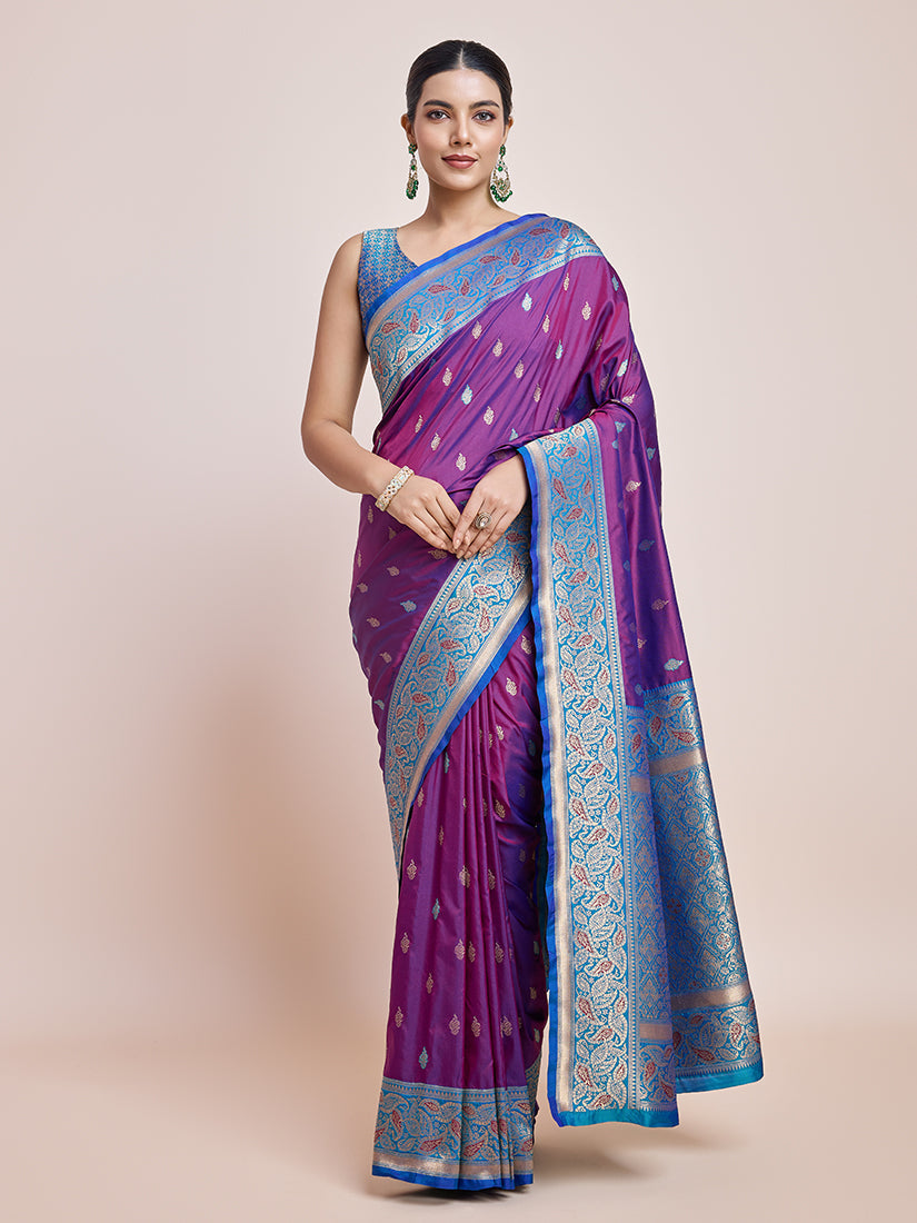 Monjolika Fashion Exquisite Designs With This Purple Banarasi Satin Silk Saree