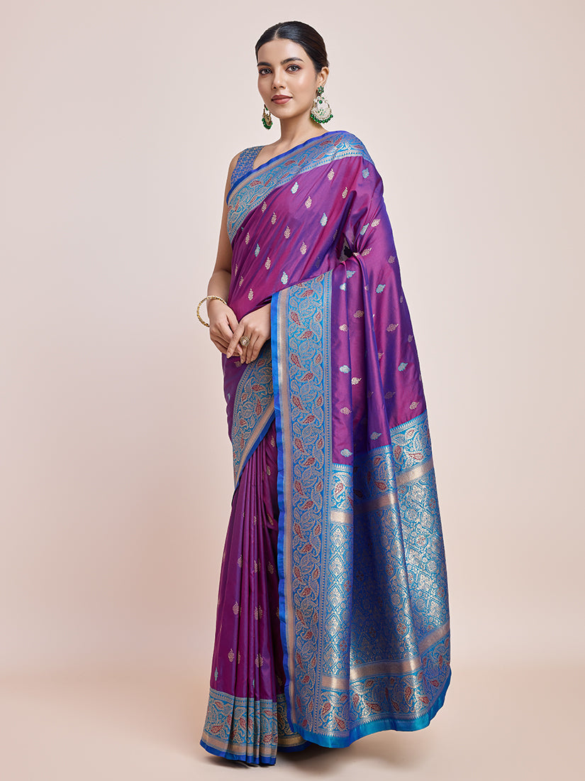 Monjolika Fashion Exquisite Designs With This Purple Banarasi Satin Silk Saree