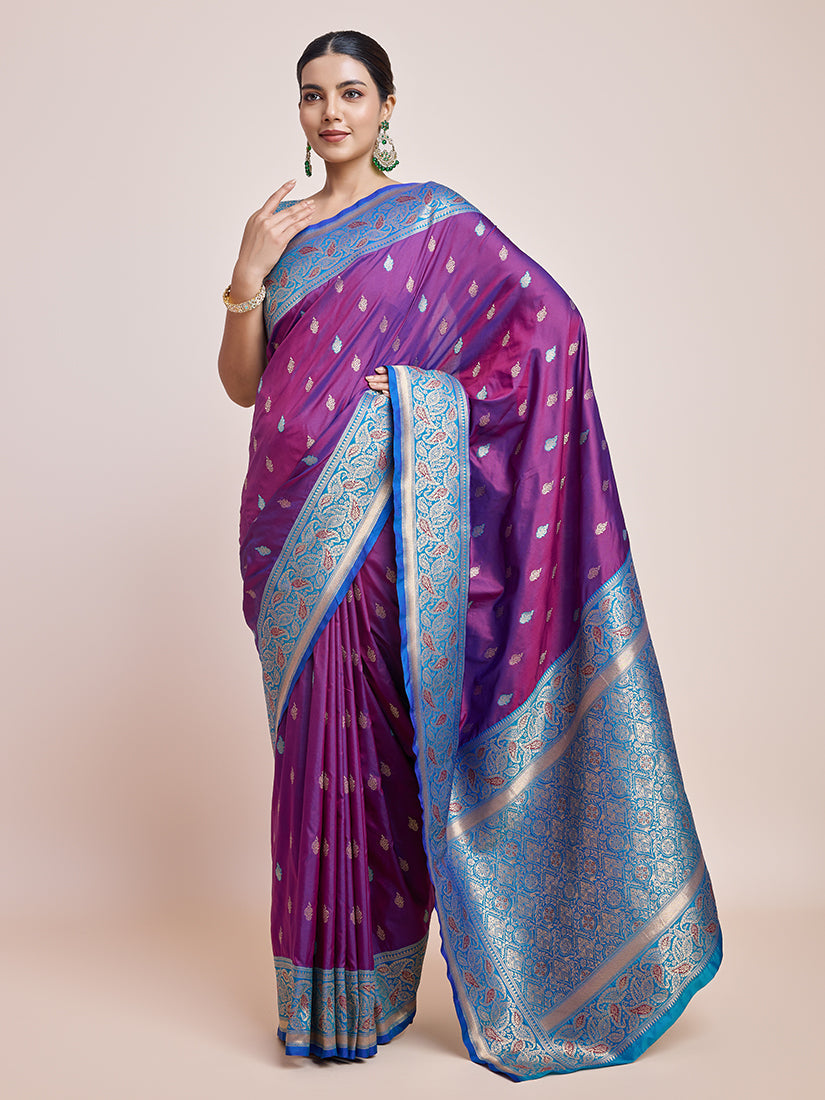 Monjolika Fashion Exquisite Designs With This Purple Banarasi Satin Silk Saree