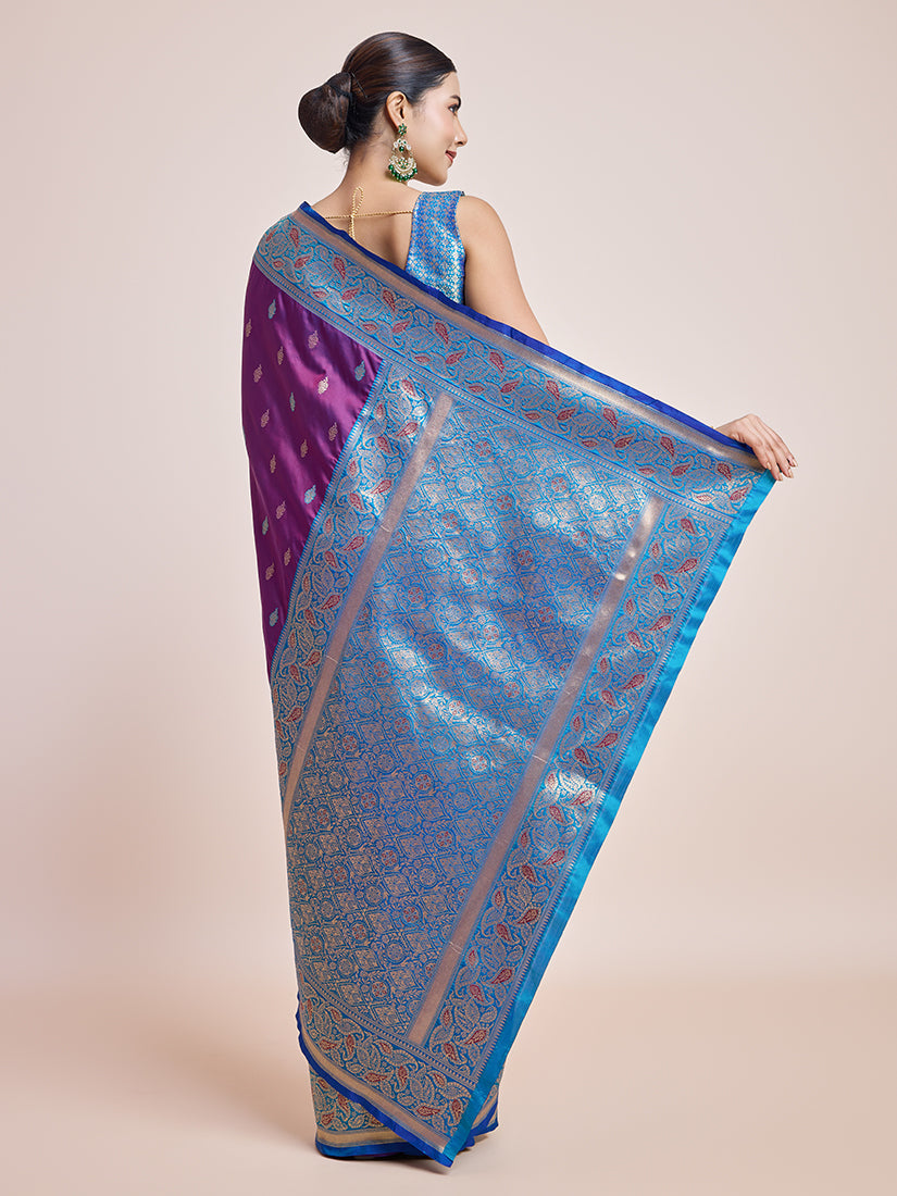 Monjolika Fashion Exquisite Designs With This Purple Banarasi Satin Silk Saree