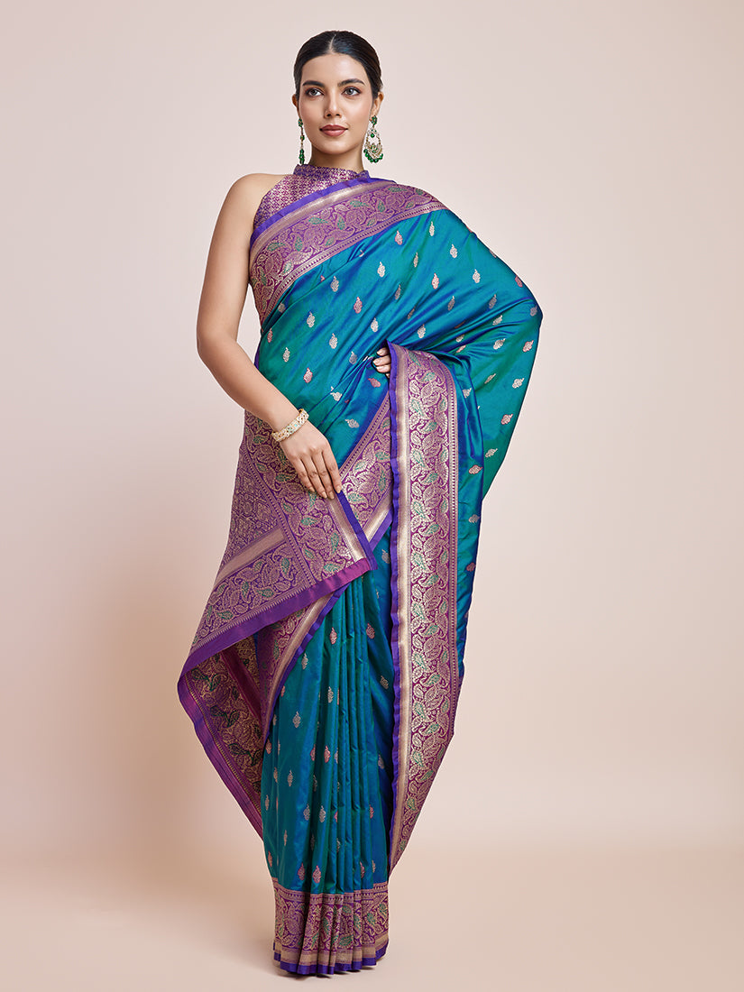 Monjolika Fashion Exquisite Designs With This Teal Banarasi Satin Silk Saree