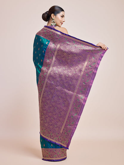 Monjolika Fashion Exquisite Designs With This Teal Banarasi Satin Silk Saree