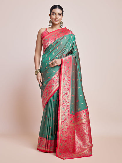 Monjolika Fashion Exquisite Designs With This Green Banarasi Satin Silk Saree