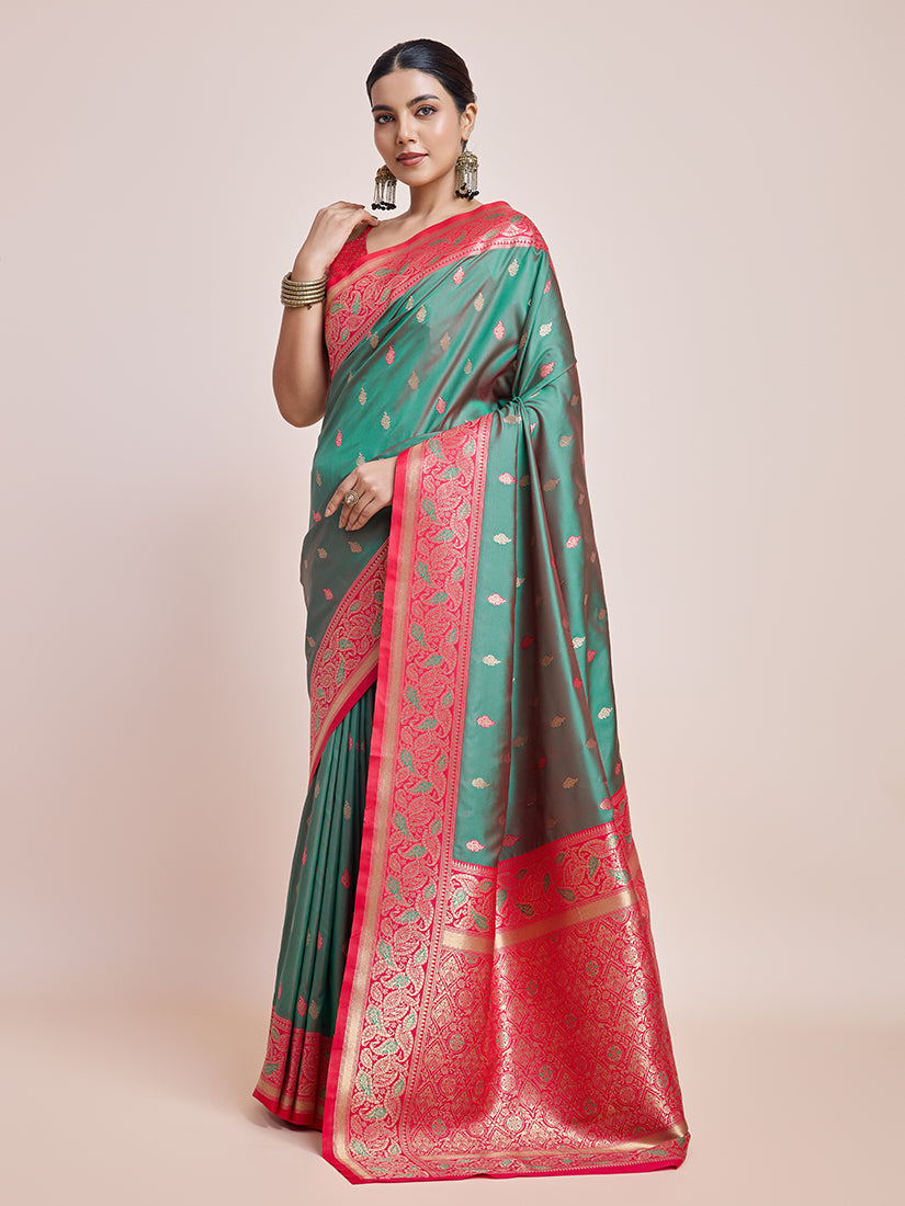 Monjolika Fashion Exquisite Designs With This Green Banarasi Satin Silk Saree