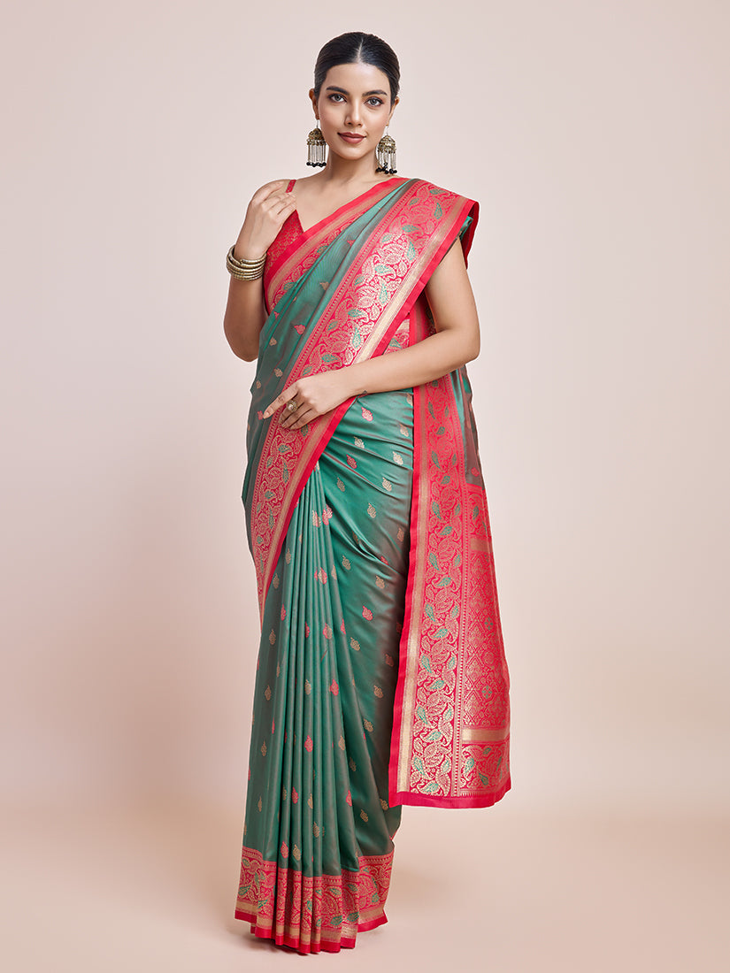 Monjolika Fashion Exquisite Designs With This Green Banarasi Satin Silk Saree