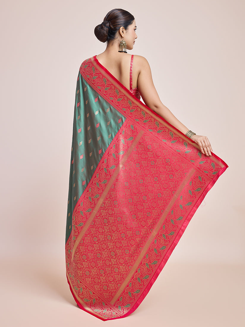 Monjolika Fashion Exquisite Designs With This Green Banarasi Satin Silk Saree