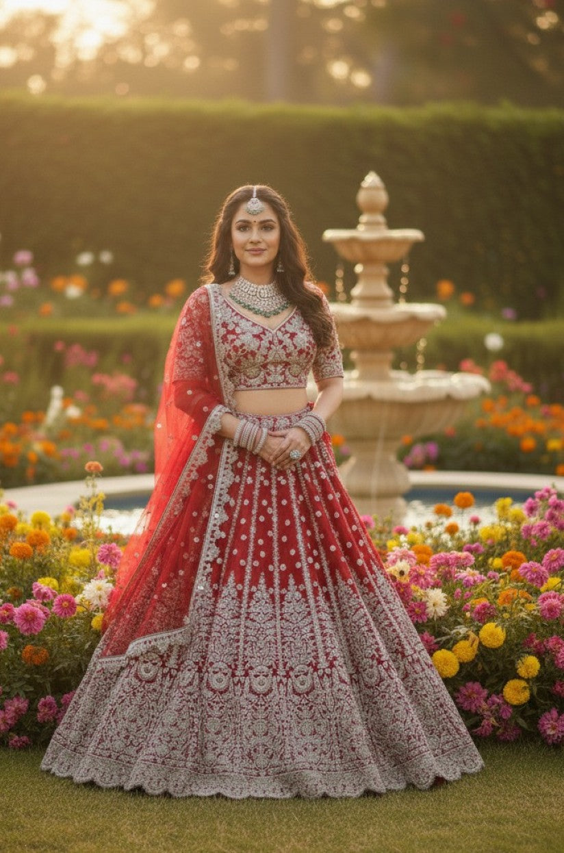 Anaita Red Net Lehenga Choli With Embroidery & Dori Sequence Work