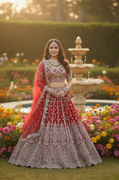 Anaita Red Net Lehenga Choli With Embroidery & Dori Sequence Work