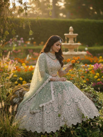 Anaita Green Net Lehenga Choli With Embroidery & Dori Sequence Work