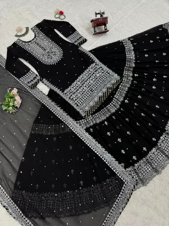 Faux Georgette Sequence Work With Front Side Work Top Sharara With Dupatta