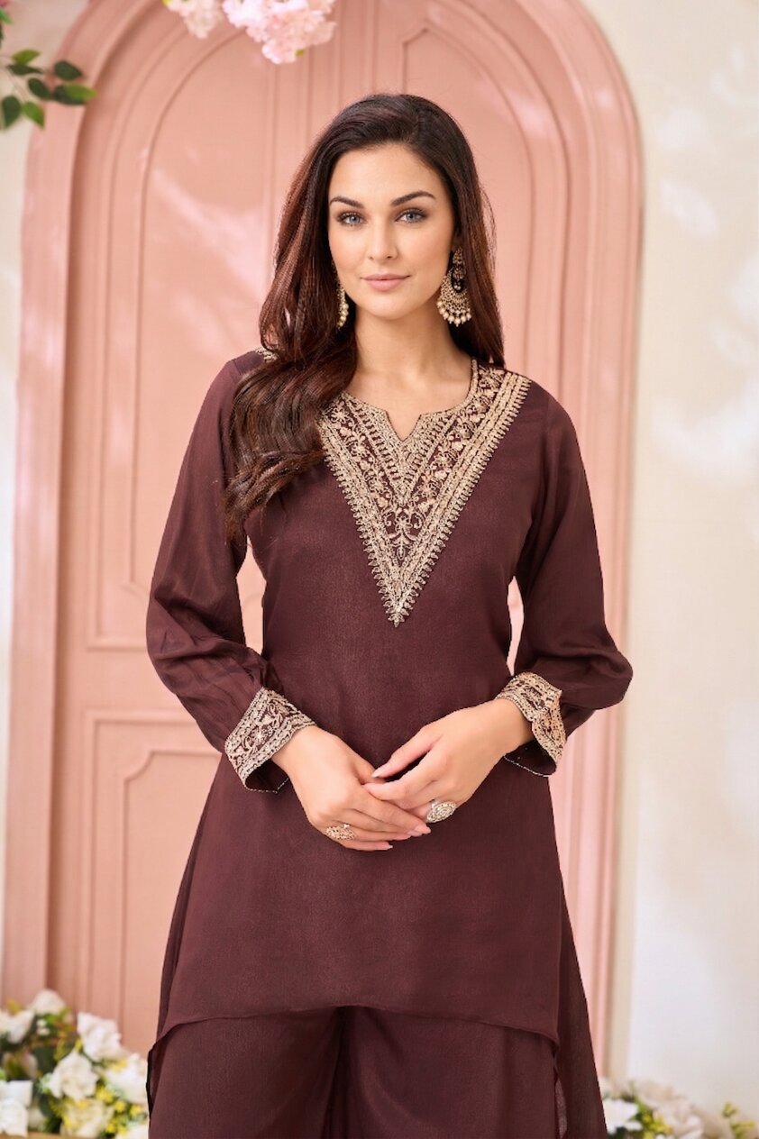 Anaita Coffee Readymade Suit with Coding Work