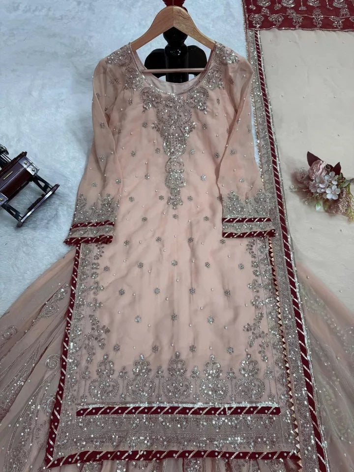 Indian Wedding Special Ethnic Stitched Faux Georgette Top Sharara Dupatta