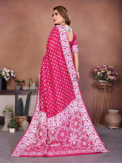 Anaita Pink Handmade Bandhej Viscose Silk Saree With Blouse