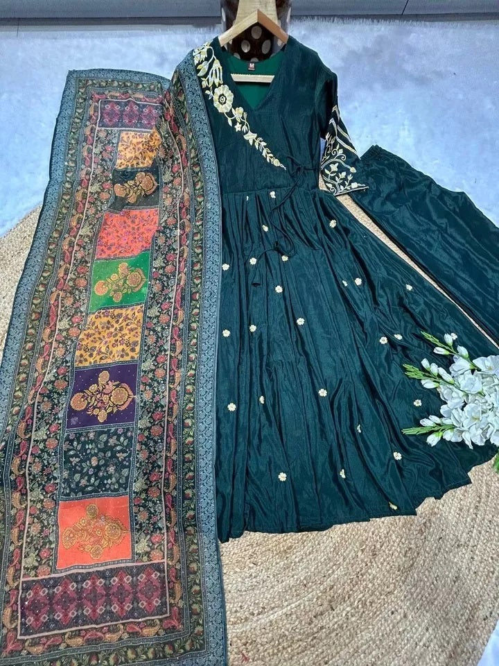Heavy Pure Chinon Silk With Embroidery Work FullSleeves Gown Bottom Dupatta