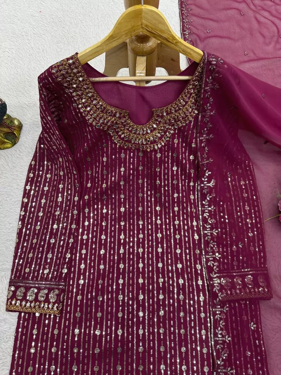 Georgette Function Style Top Pant With Dupatta Set