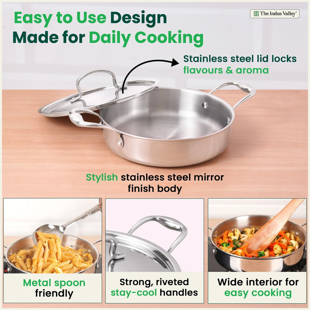 The Indus Valley Tri-Ply Stainless Steel Saute Pan 22cm 2L with Steel Lid