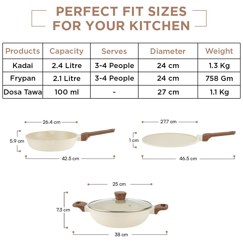 Vinod Di Casa Signature Ceramic Non-Stick Cookware Set of 3 Induction Bottom