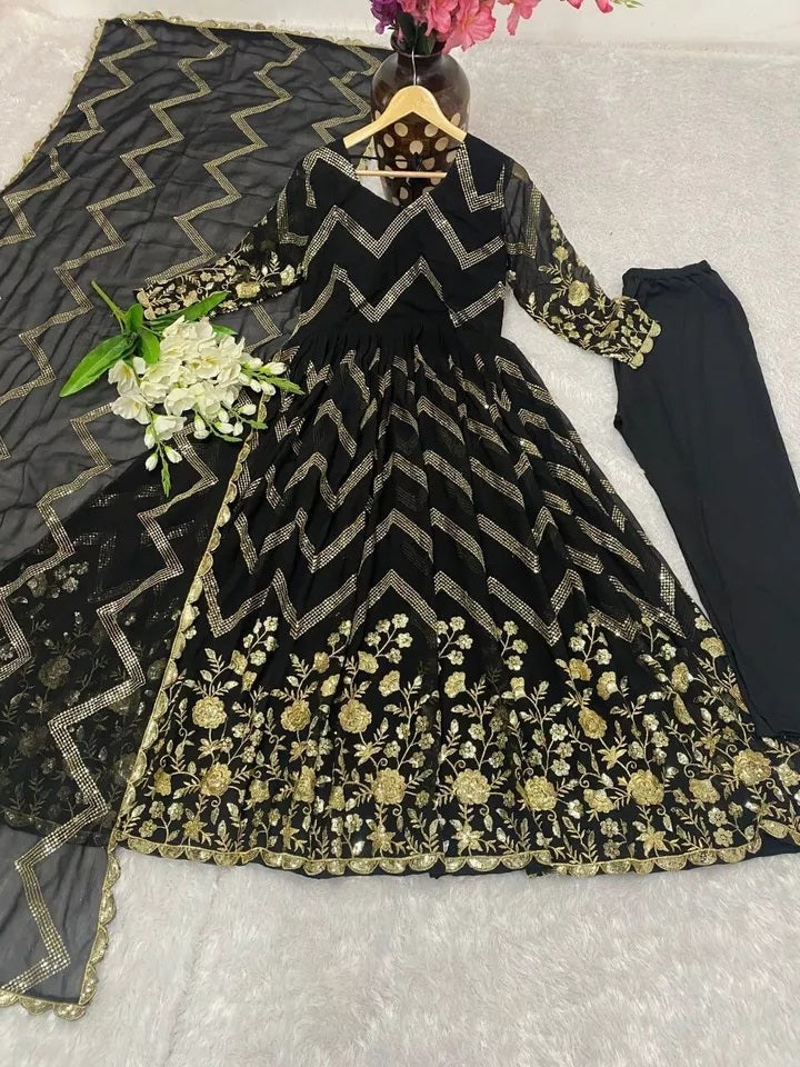 Fox Georgette With Embroidery Work With Full Sleeve Gown Bottom Dupatta Set