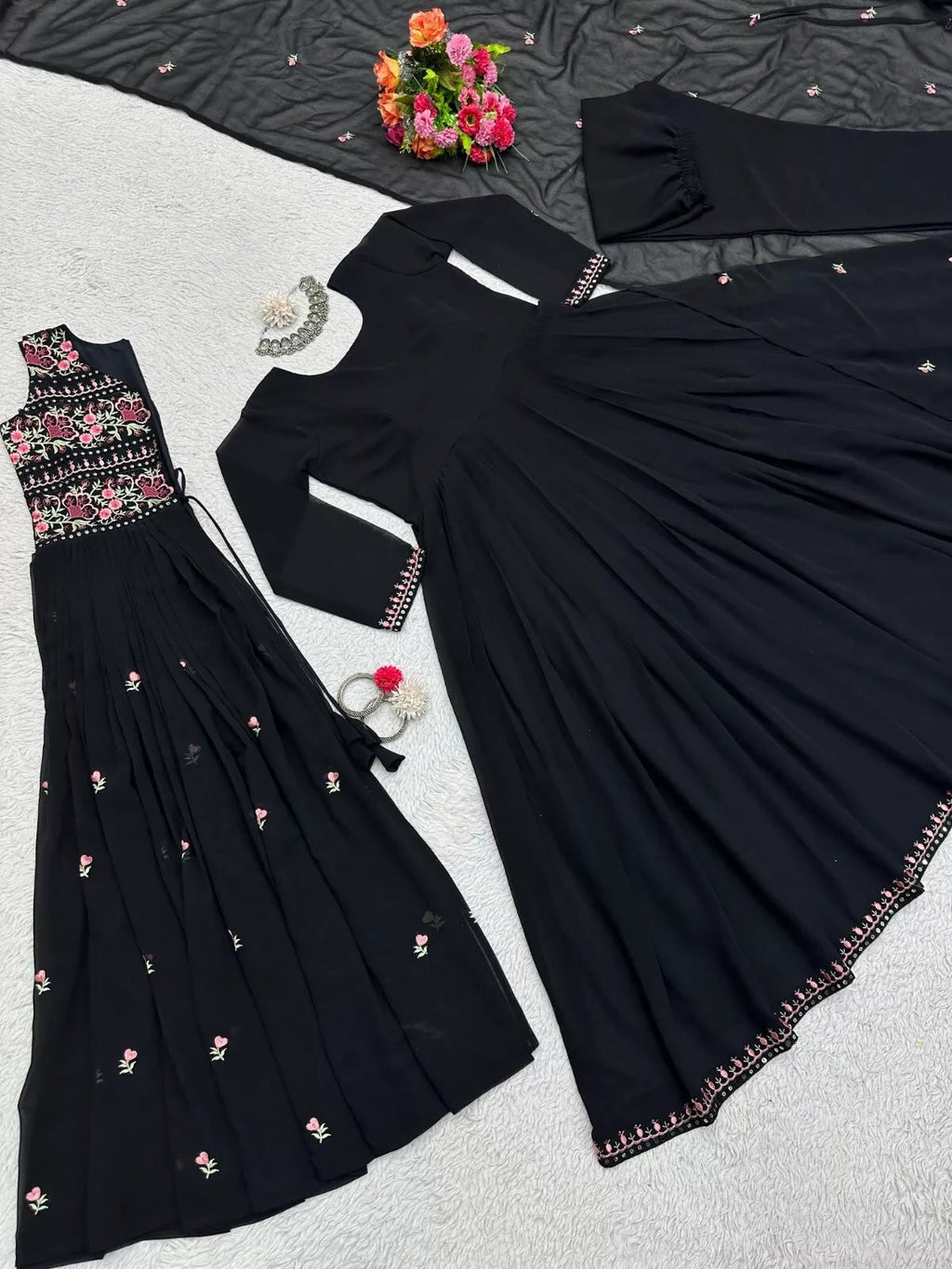 Faux Georgette Bollywood Full Stitched Kurti Shrug & Pant Dupatta