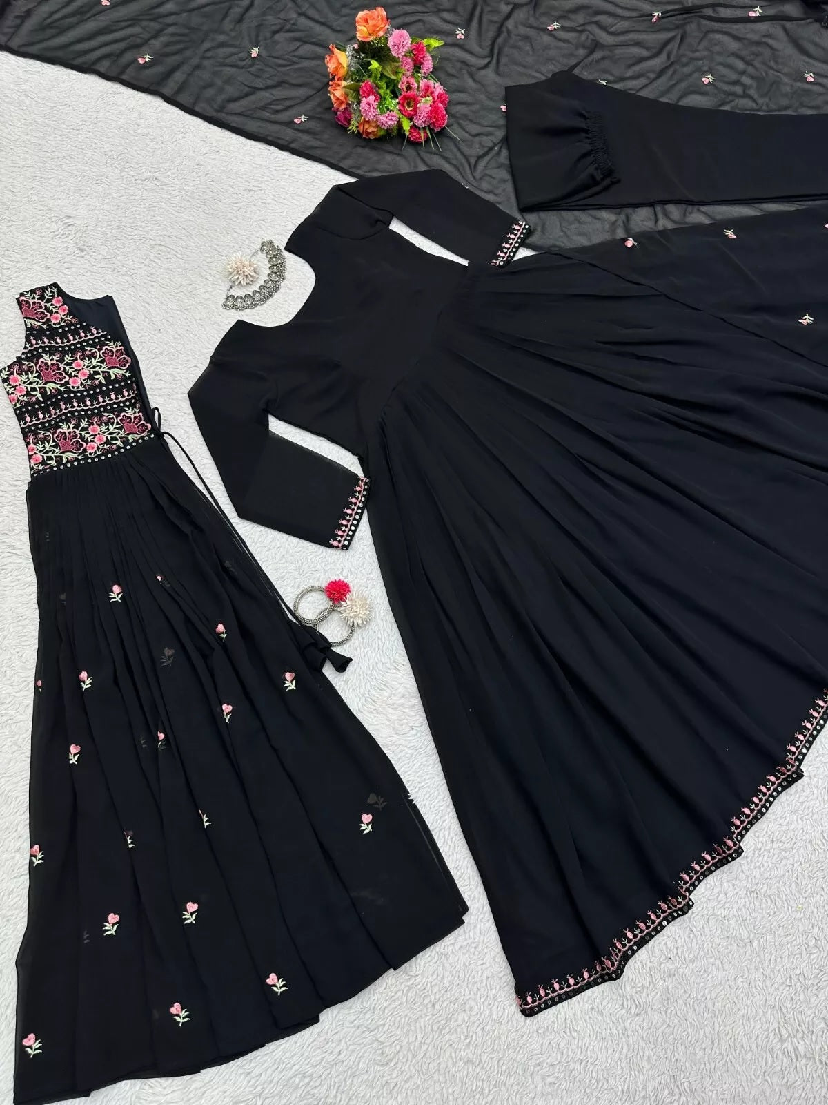 Faux Georgette Bollywood Full Stitched Kurti Shrug & Pant Dupatta