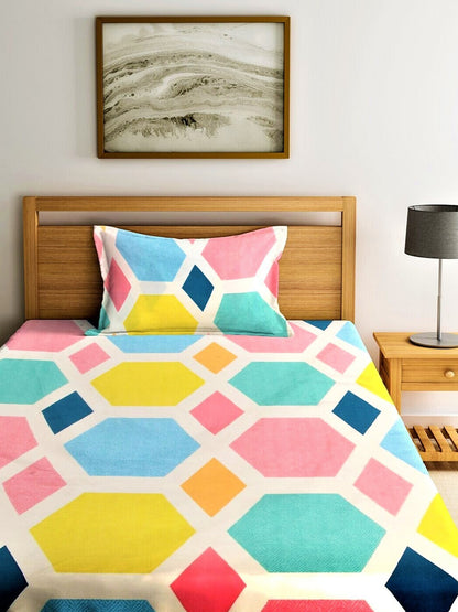 Home Sizzler Blue & Yellow Geometric 210 TC Single Bedsheet with 1 Pillow Covers