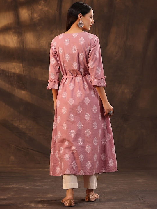 Juniper Women Pink & Off-White Layered Khari Print A-Line Kurta