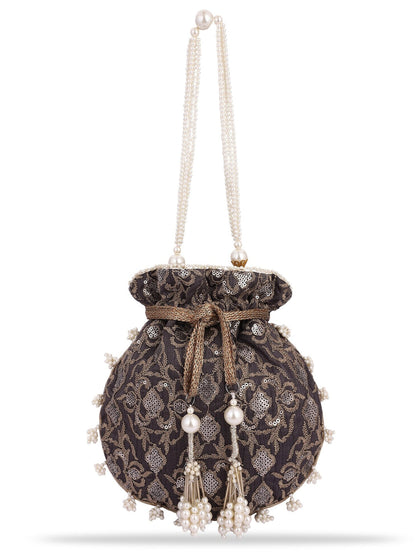 Masq Black & White Pearl & Sequinned Work Embellished Potli Clutch