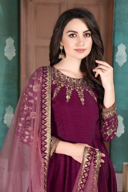 Anaita Purple Embroidered Adda Silk Anarkali Suit