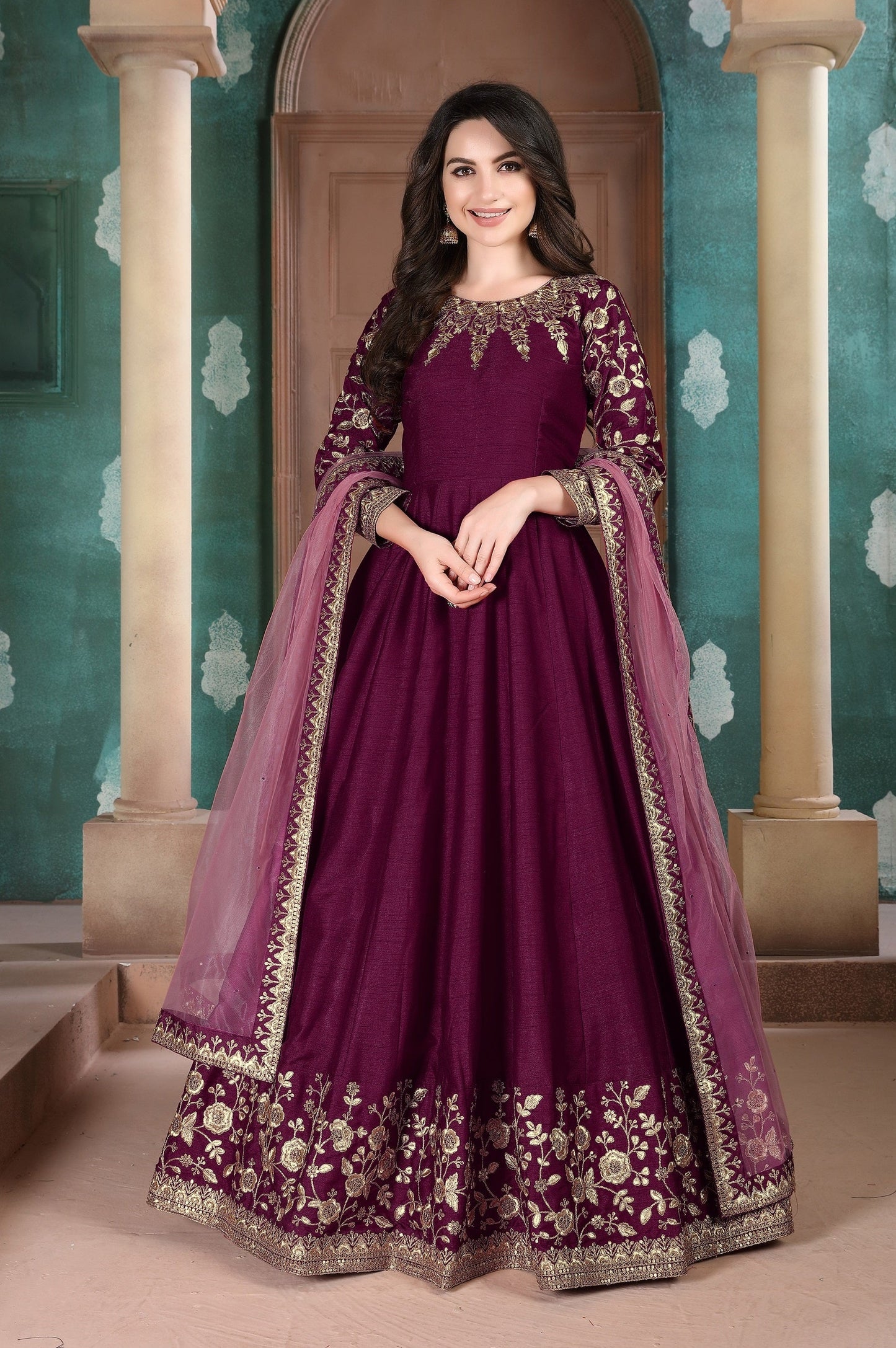 Anaita Purple Embroidered Adda Silk Anarkali Suit