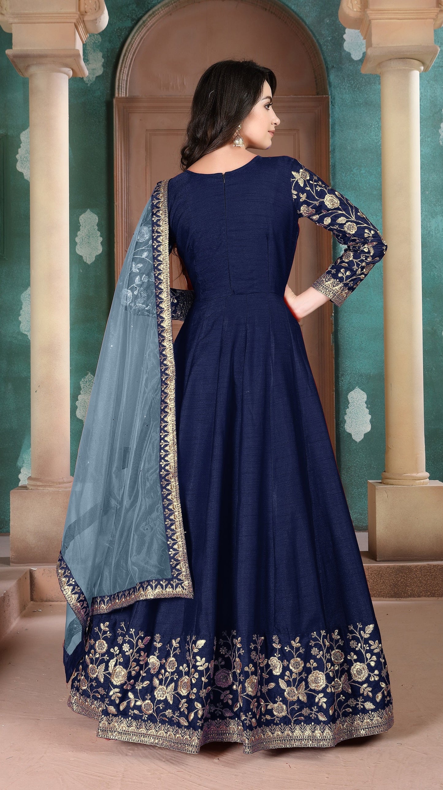Anaita Navy Blue Embroidered Adda Silk Anarkali Suit