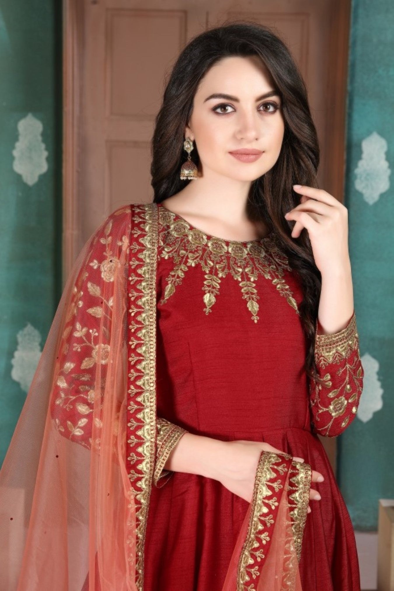 Anaita Red Embroidered Adda Silk Anarkali Suit