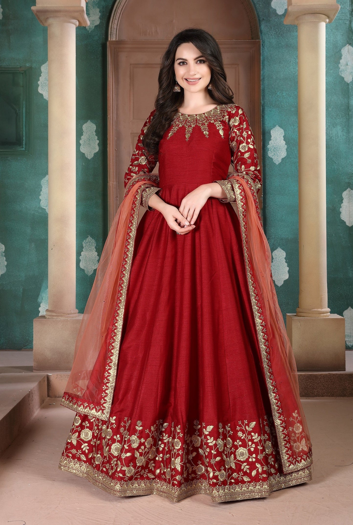 Anaita Red Embroidered Adda Silk Anarkali Suit