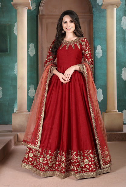Anaita Red Embroidered Adda Silk Anarkali Suit
