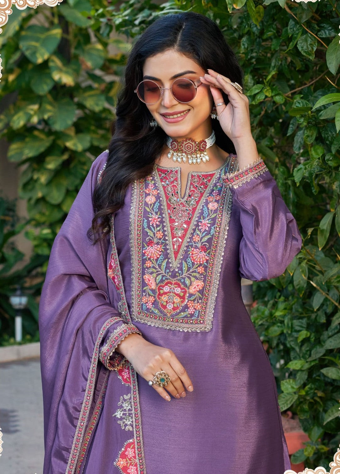 Anaita Purple Chinon Stitched Plazzo Suit With Codding Dori & Sequence Work