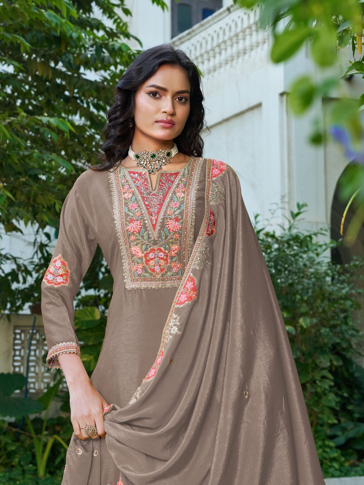 Anaita Chiku Chinon Stitched Plazzo Suit With Codding Dori & Sequence Work