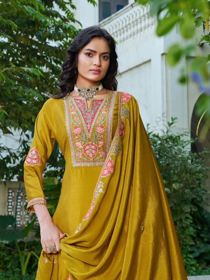 Anaita Mustard Chinon Stitched Plazzo Suit With Codding Dori & Sequence Work