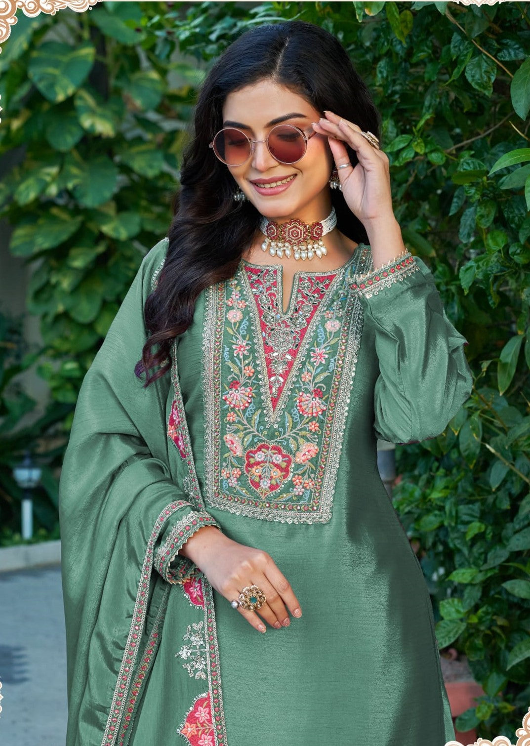 Anaita Sea Green Chinon Stitched Plazzo Suit With Codding Dori & Sequence Work