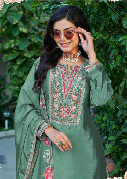 Anaita Sea Green Chinon Stitched Plazzo Suit With Codding Dori & Sequence Work