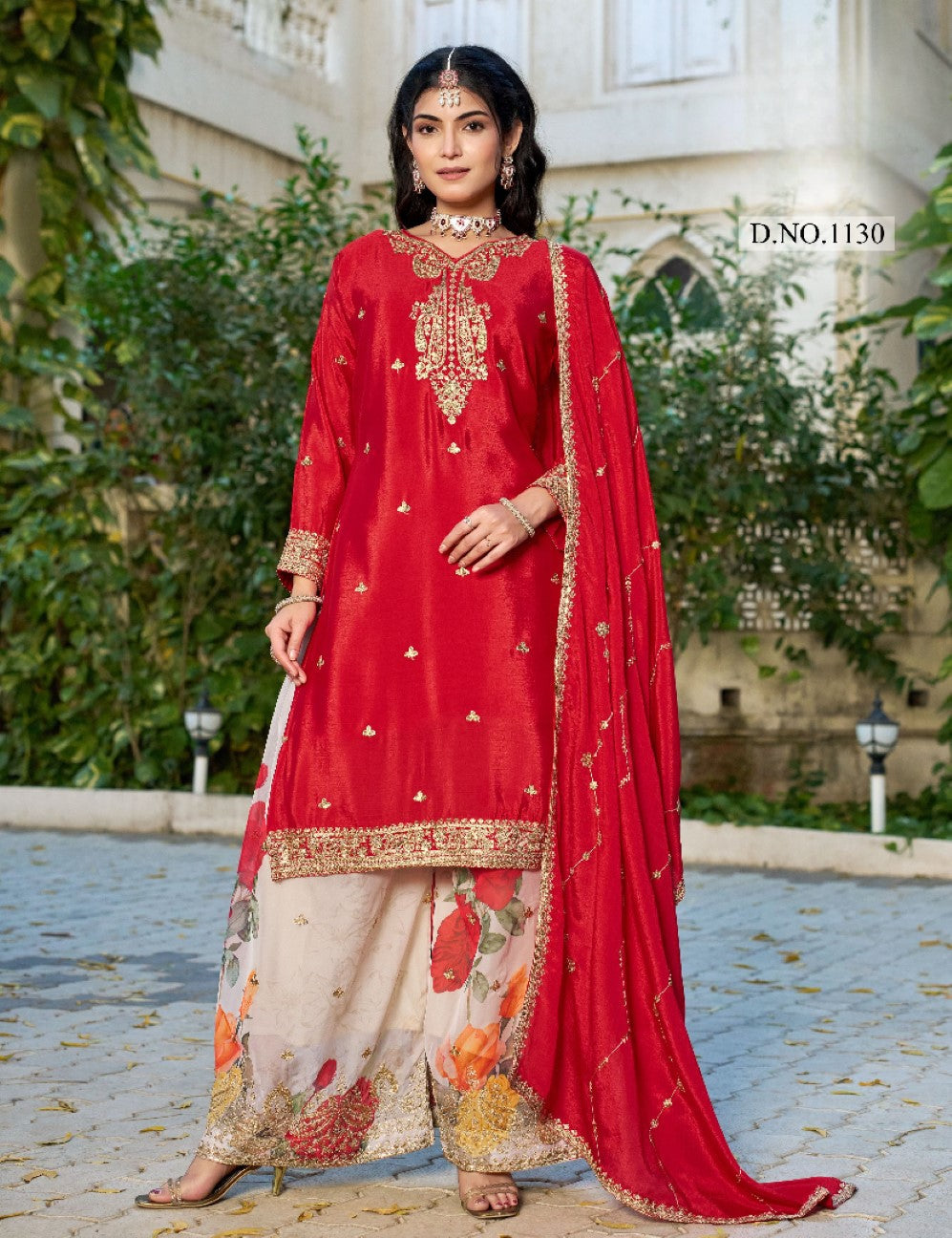 Anaita Red Chinon Stitched Plazzo Suit With Codding Dori & Sequence Work