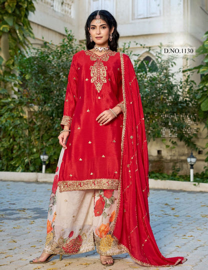Anaita Red Chinon Stitched Plazzo Suit With Codding Dori & Sequence Work