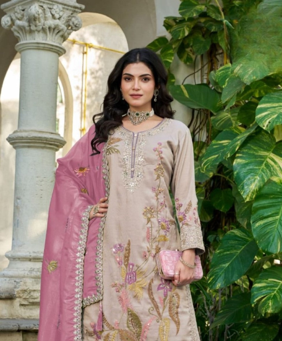 Anaita Cream Shimmer Stitched Plazzo Suit With Codding Dori & Sequence Work