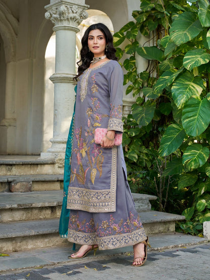 Anaita Grey Shimmer Stitched Plazzo Suit With Codding Dori & Sequence Work
