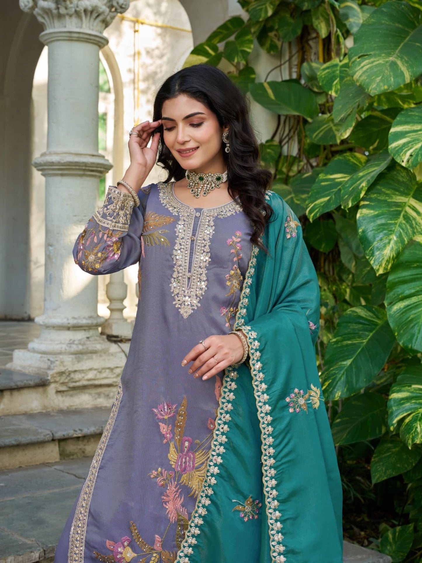 Anaita Grey Shimmer Stitched Plazzo Suit With Codding Dori & Sequence Work