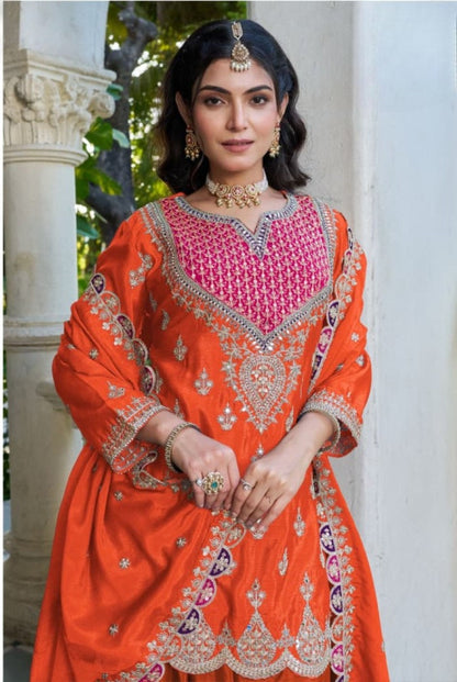 Anaita Orange Chinon Stitched Plazzo Suit With Dhaga & Sequence Work