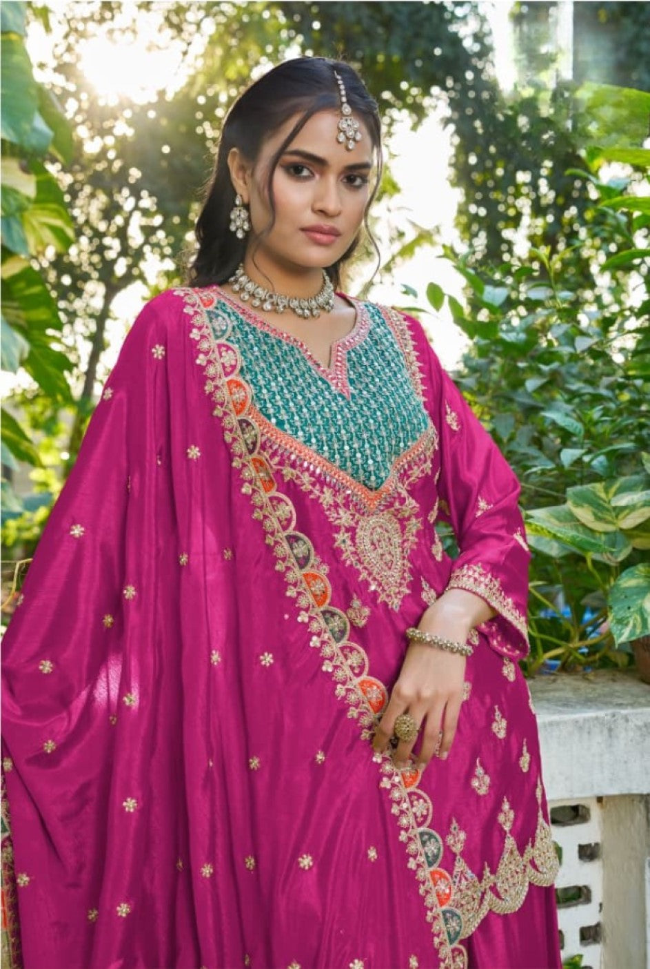 Anaita Hot Pink Chinon Stitched Plazzo Suit With Dhaga & Sequence Work