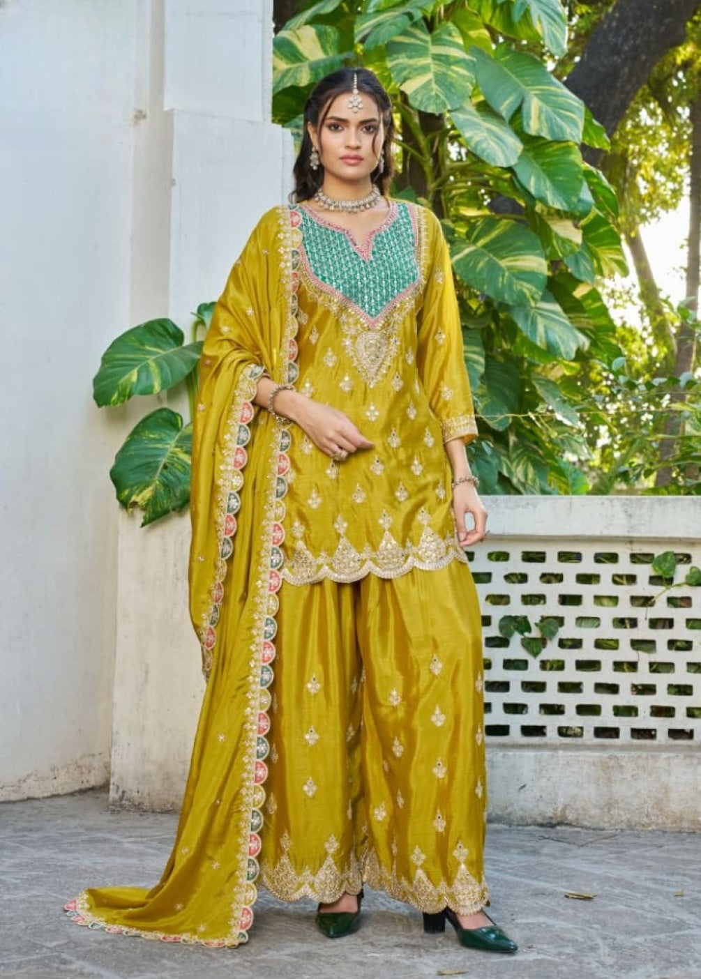 Anaita Mustard Chinon Stitched Plazzo Suit With Dhaga & Sequence Work